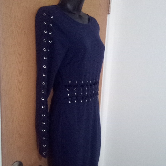 Venus Knit Long Sleeve Cut Out Lace‎ Up Detail Sheath Bodycon Dress Navy Blue - Picture 6 of 7